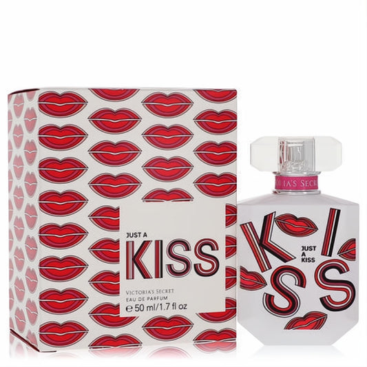 Victoria's Secret Just a Kiss 1.7 oz Eau De Parfum. White bottle and box with vibrant red lips and bold 'KISS' design for women.