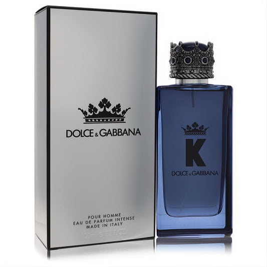 K by Dolce & Gabbana 3.3 oz men's Eau De Parfum Intense. Bold blue bottle, intricate silver crown cap, elegant silver box.