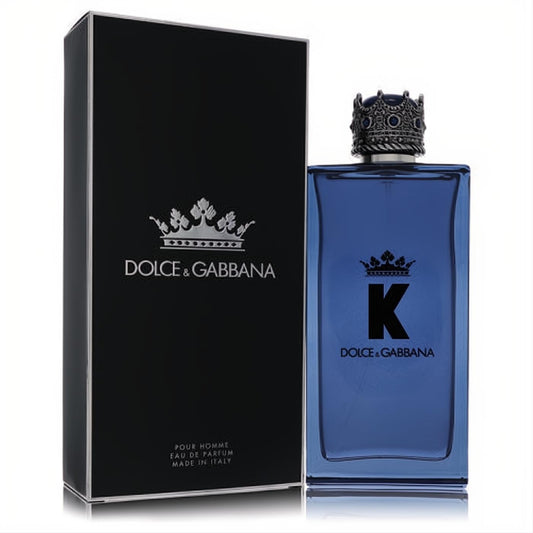 Luxurious K by Dolce & Gabbana 6.7 oz men's Eau De Parfum. Striking blue bottle, ornate silver crown cap, and elegant black box.