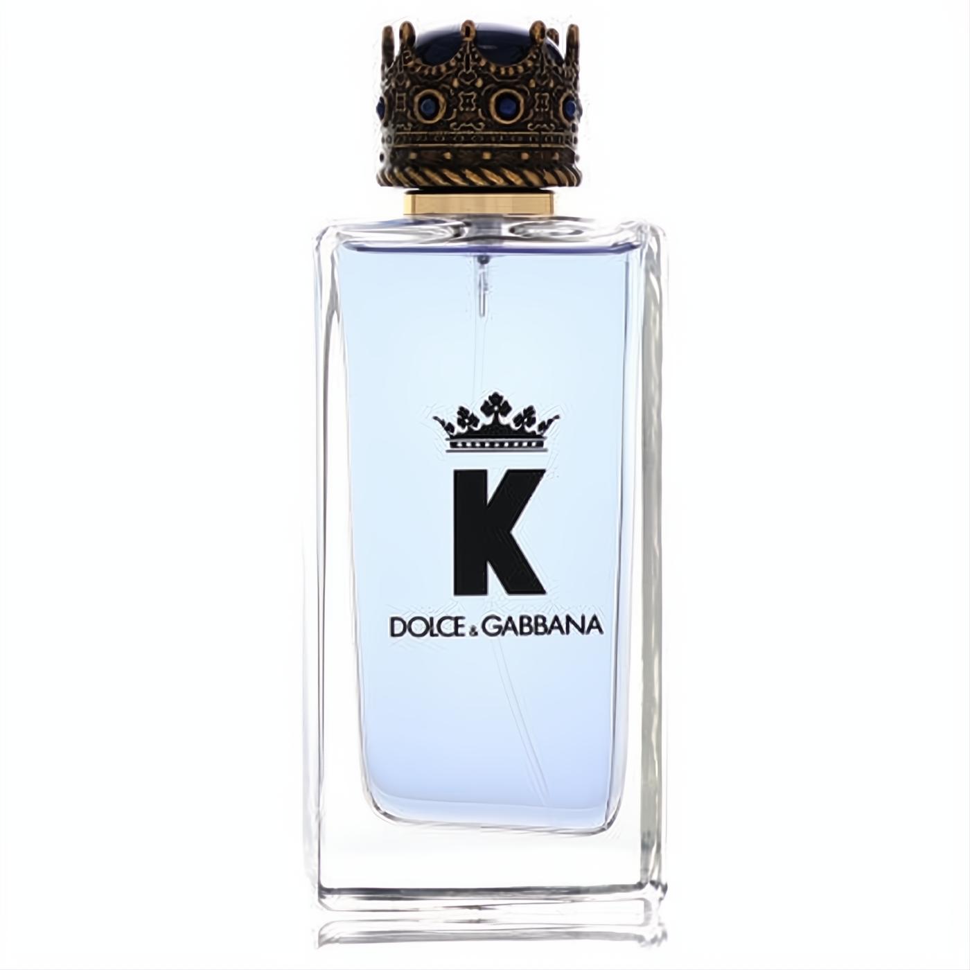 K by Dolce & Gabbana 3.4 oz men's EDT spray. Clear glass bottle, light blue fragrance, iconic black K logo, and regal crown cap.