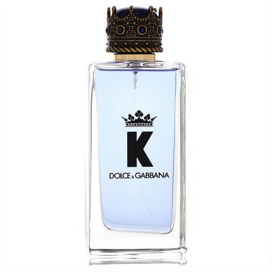 K by Dolce & Gabbana 3.4 oz men's EDT spray. Clear glass bottle, light blue fragrance, iconic black K logo, and regal crown cap.