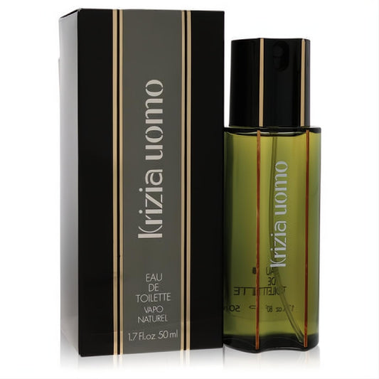 KRIZIA Uomo 1.7 oz EDT spray in an elegant olive green glass bottle with gold stripes and black cap, next to its matching black box.