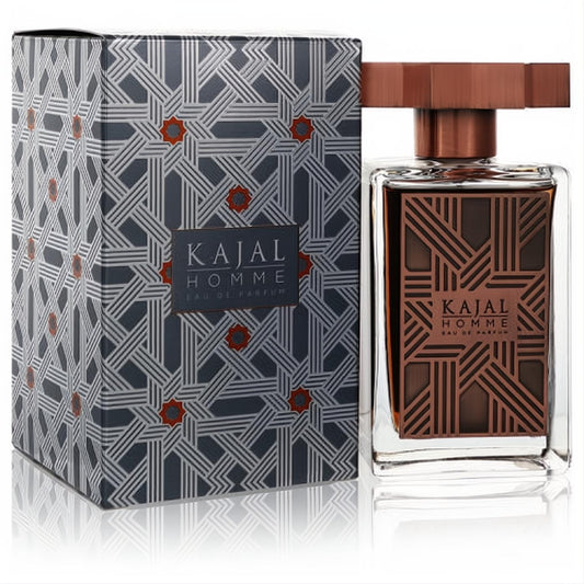 Kajal Homme 3.4 oz men's EDP. Clear bottle with bronze intricate geometric design, unique cap, and matching gray patterned box.