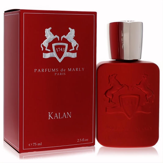 Luxurious Kalan by Parfums De Marly 2.5 oz unisex Eau De Parfum. Bold red matte bottle & box with signature silver horse emblem.