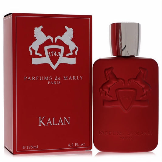 Bold Kalan by Parfums De Marly 4.2 oz red EDP spray bottle with embossed logo and sleek silver cap, beside its matching box.