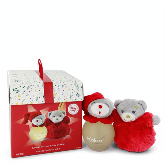 Kaloo Christmas 3.4 oz Eau de Senteur set. Gold perfume bottle with a red-hatted teddy bear stopper and a soft red plush bear in a festive gift box.