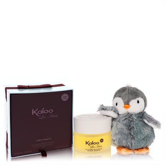 Kaloo Les Amis Alcohol-Free Eau D'ambiance 3.4oz yellow jar, dark gift box, and cute penguin toy.