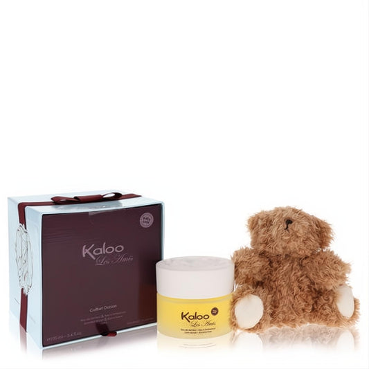 Delightful Kaloo Les Amis 3.4 oz alcohol-free fragrance with a soft yellow tint, paired with a cuddly brown fluffy bear in a charming blue gift box.