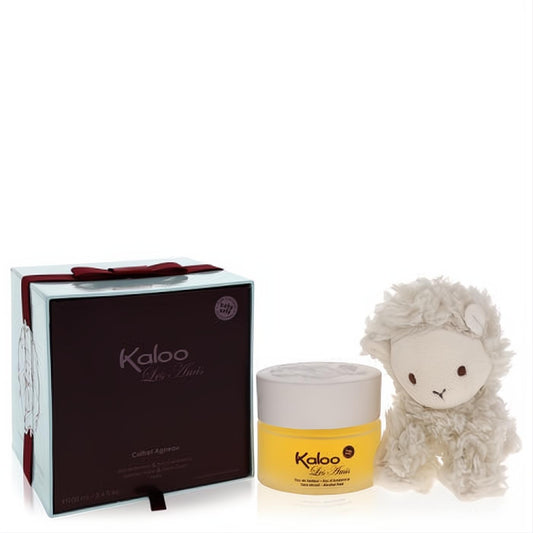Kaloo Les Amis 3.4 oz alcohol-free baby fragrance in a yellow jar, with a ribbon-tied gift box and fluffy white lamb.