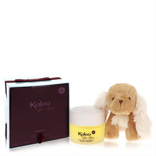Delightful Kaloo Les Amis baby fragrance set: yellow jar, elegant burgundy box, and a free fluffy brown puppy.