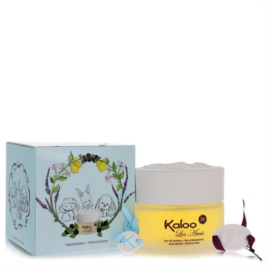 Charming Kaloo Les Amis baby fragrance: yellow spray bottle, white cap, blue box with baby animals, lavender, and lemon. Includes 2 soft sheep bracelets.