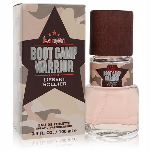 Kanon Boot Camp Warrior Desert Soldier 3.4 oz EDT. Clear bottle with light pink liquid, rugged dark brown cap, and matching camo box.