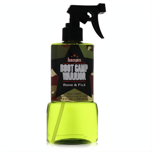 Kanon Boot Camp Warrior 10 oz men's body spray. Rugged camo label, vibrant lime green bottle, black trigger nozzle.