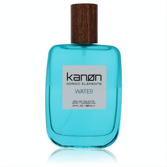 Kanon Nordic Elements Water 3.4 oz unisex EDT. Refreshing blue bottle, elegant wood cap, modern design.