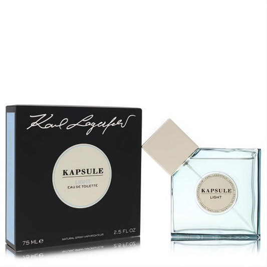 Iconic Kapsule Light by Karl Lagerfeld 2.5 oz Eau De Toilette. Fresh clear glass bottle with light blue tint, beige cap, and sleek black box.