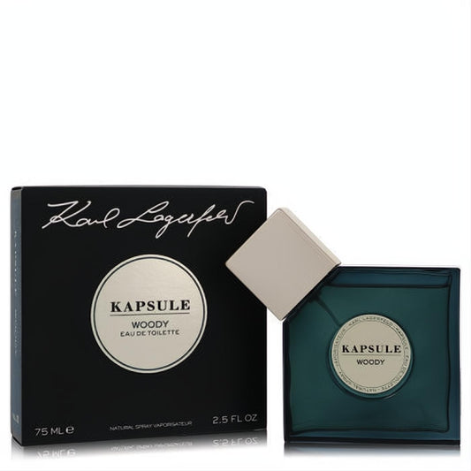Elegant Karl Lagerfeld Kapsule Woody Eau De Toilette 2.5 oz. Sleek black box and dark teal square glass bottle with white cap.