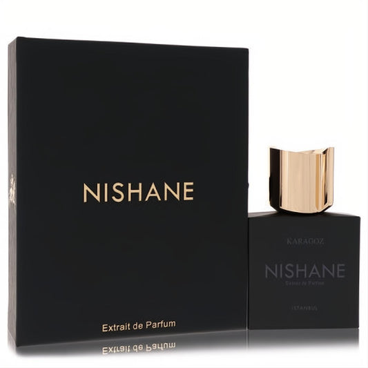 Luxurious Nishane Karagoz Extrait de Parfum. Black box and sleek square bottle with a striking gold cap and elegant lettering.
