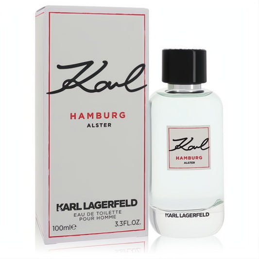 Karl Lagerfeld Hamburg Alster 3.3 oz EDT. Sleek clear glass bottle, black cap, and white box with bold 'Karl' script.