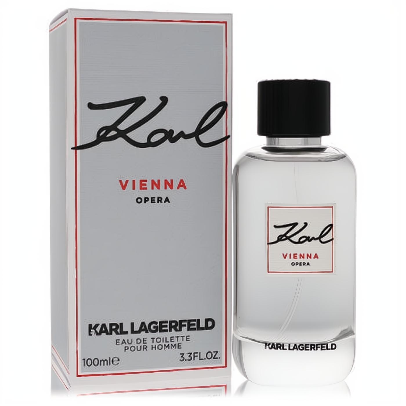 Sophisticated Karl Lagerfeld Karl Vienna Opera 3.3 oz men's Eau De Toilette. Clear bottle, black cap, and sleek silver box.
