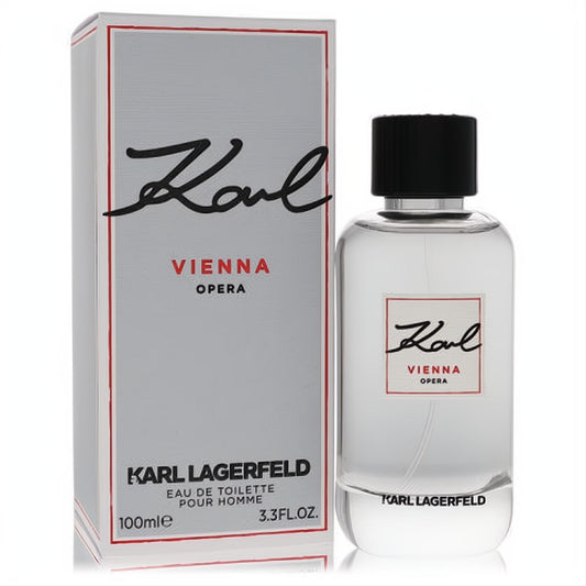 Sophisticated Karl Lagerfeld Karl Vienna Opera 3.3 oz men's Eau De Toilette. Clear bottle, black cap, and sleek silver box.