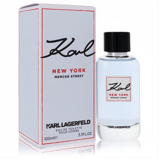 Elegant Karl Lagerfeld New York Mercer Street EDT 3.3 oz for men. Clear glass bottle with refreshing blue liquid, iconic white box.