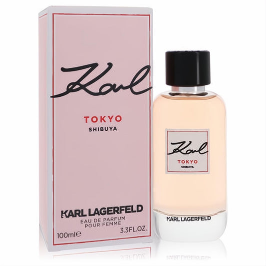 Karl Lagerfeld Tokyo Shibuya 3.3 oz Eau De Parfum. Chic pink box, clear bottle, black cap, and captivating peachy-pink fragrance.