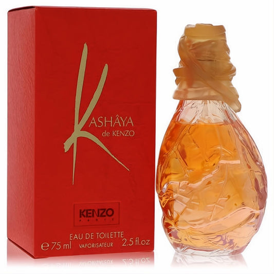 Kashaya De Kenzo 2.5 oz EDT. Vibrant red box, gold K. Amber glass bottle with organic leaf texture and unique sculpted cap.