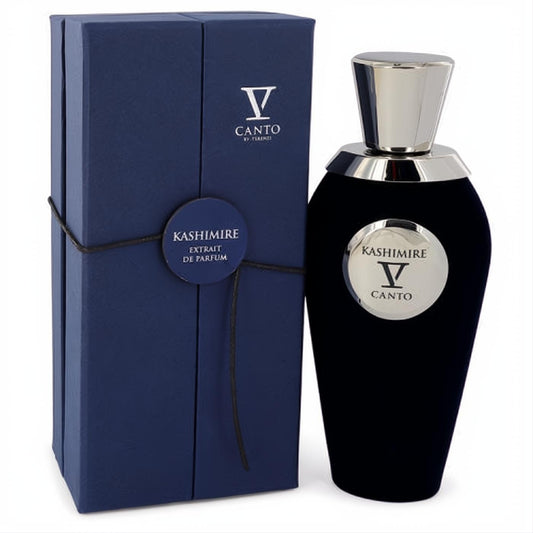 Kashimire V Canto unisex extrait de parfum. Elegant black velvet bottle with silver cap and matching deep blue presentation box.