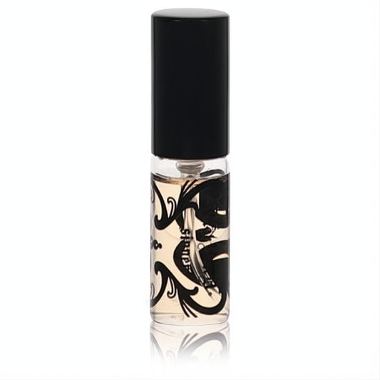 Kat Von D Sinner mini EDP spray for women. Clear glass vial with amber liquid, black cap, and unique gothic tattoo design.