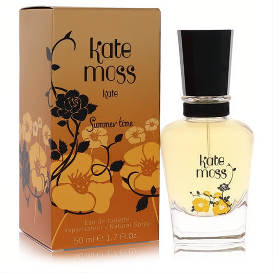 Captivating Kate Moss Summer Time 1.7 oz EDT. Clear bottle with black cap & floral design, vibrant gold box.