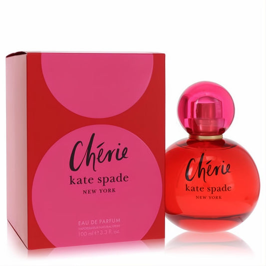 Kate Spade Cherie Eau De Parfum, 3.3 fl oz. A captivating red round bottle with a vibrant pink spherical cap and chic matching box.
