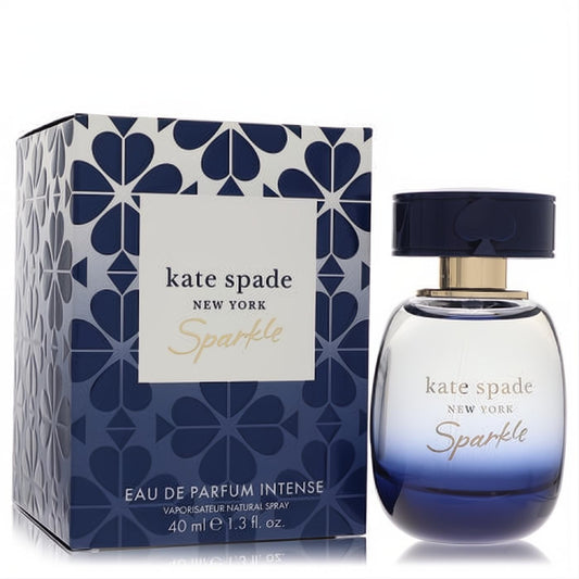 Kate Spade Sparkle 1.3 oz Eau De Parfum Intense spray, featuring an elegant blue ombre bottle with gold accents and a signature patterned box.
