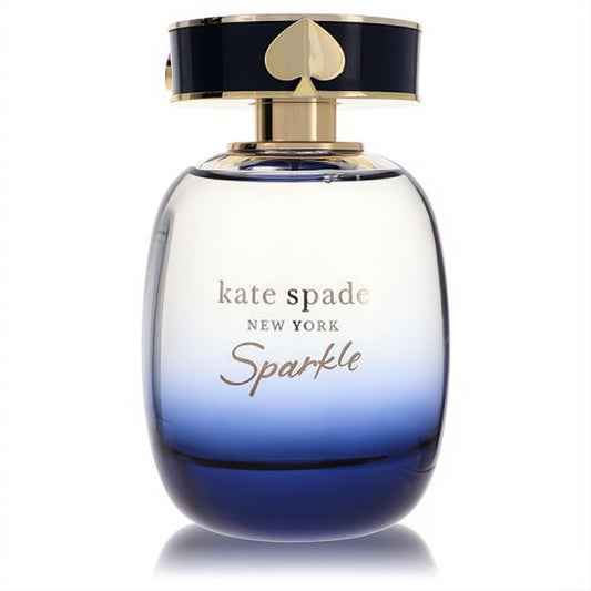 Kate Spade Sparkle 3.3 oz intense spray fragrance. Elegant clear to navy blue gradient bottle with gold accents and iconic spade cap.