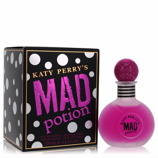 Katy Perry Mad Potion 3.4 oz EDP: vibrant frosted pink bottle with a sparkling glitter cap and chic polka dot box.