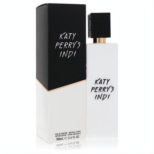 Katy Perry's Indi 3.4 oz women's EDP. Sleek white bottle with black cap, gold detail, and matching black & white box.