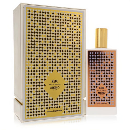 Luxurious Kedu Memo Paris 2.5 oz unisex Eau De Parfum. White bottle with a gold-copper gradient and black diamond pattern, matching box.