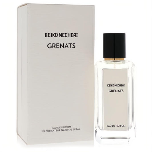 Keiko Mecheri Grenats 3.4 oz women's Eau De Parfum spray. Clear glass bottle with sleek black cap, gold accent, and elegant white box.