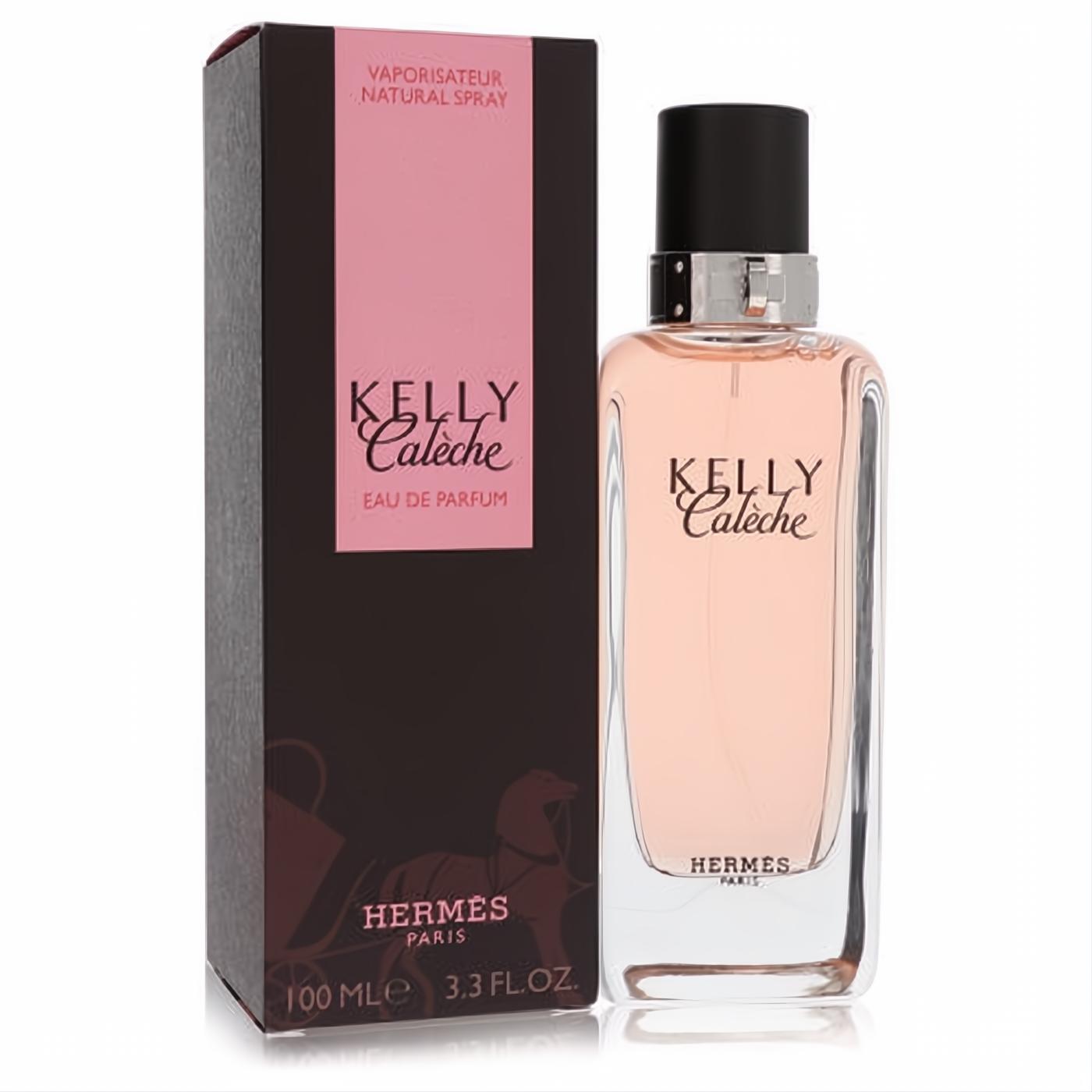 Elegant Hermes Kelly Caleche Eau De Parfum 3.3 fl.oz. spray. Clear bottle with delicate pink liquid, black cap, and chic brown & pink box.