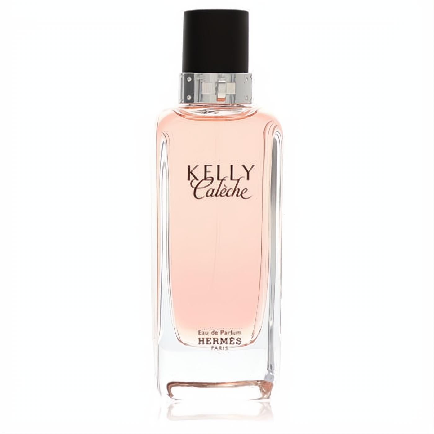 Hermes Kelly Caleche women's Eau de Parfum. Elegant clear glass bottle with delicate pink liquid and sleek black cap.