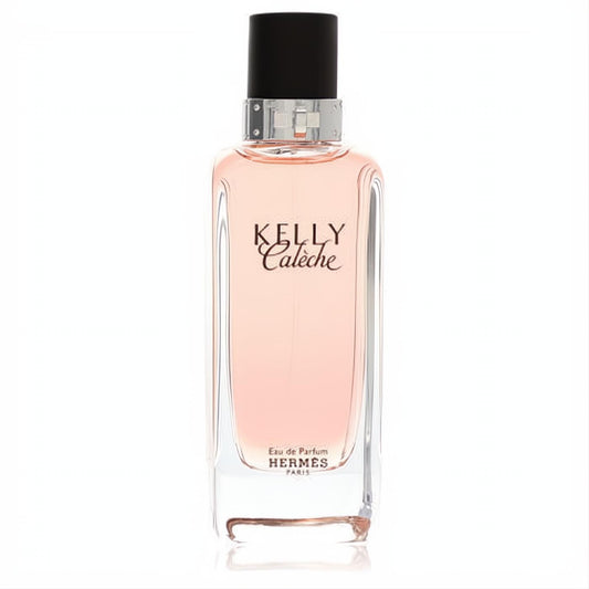 Hermes Kelly Caleche women's Eau de Parfum. Elegant clear glass bottle with delicate pink liquid and sleek black cap.
