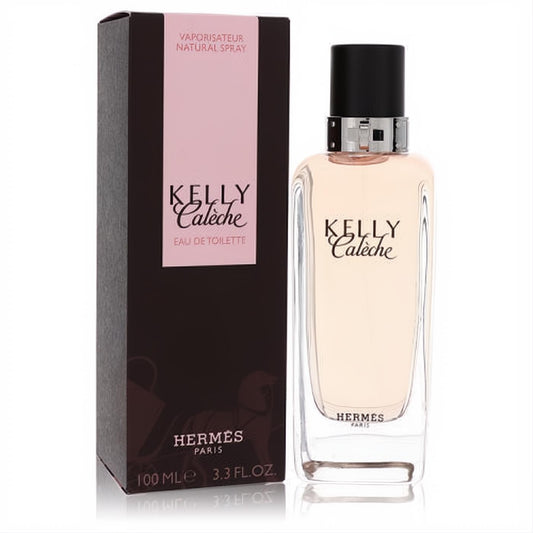Hermes Kelly Caleche Eau De Toilette 3.3 oz spray. Clear bottle with light pink fragrance, black cap, and matching brown & pink box.