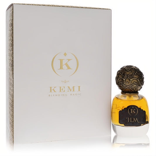 Kemi 'Ilm unisex oud perfume: golden liquid in a bottle with an ornate bronze cap, beside its elegant white box.