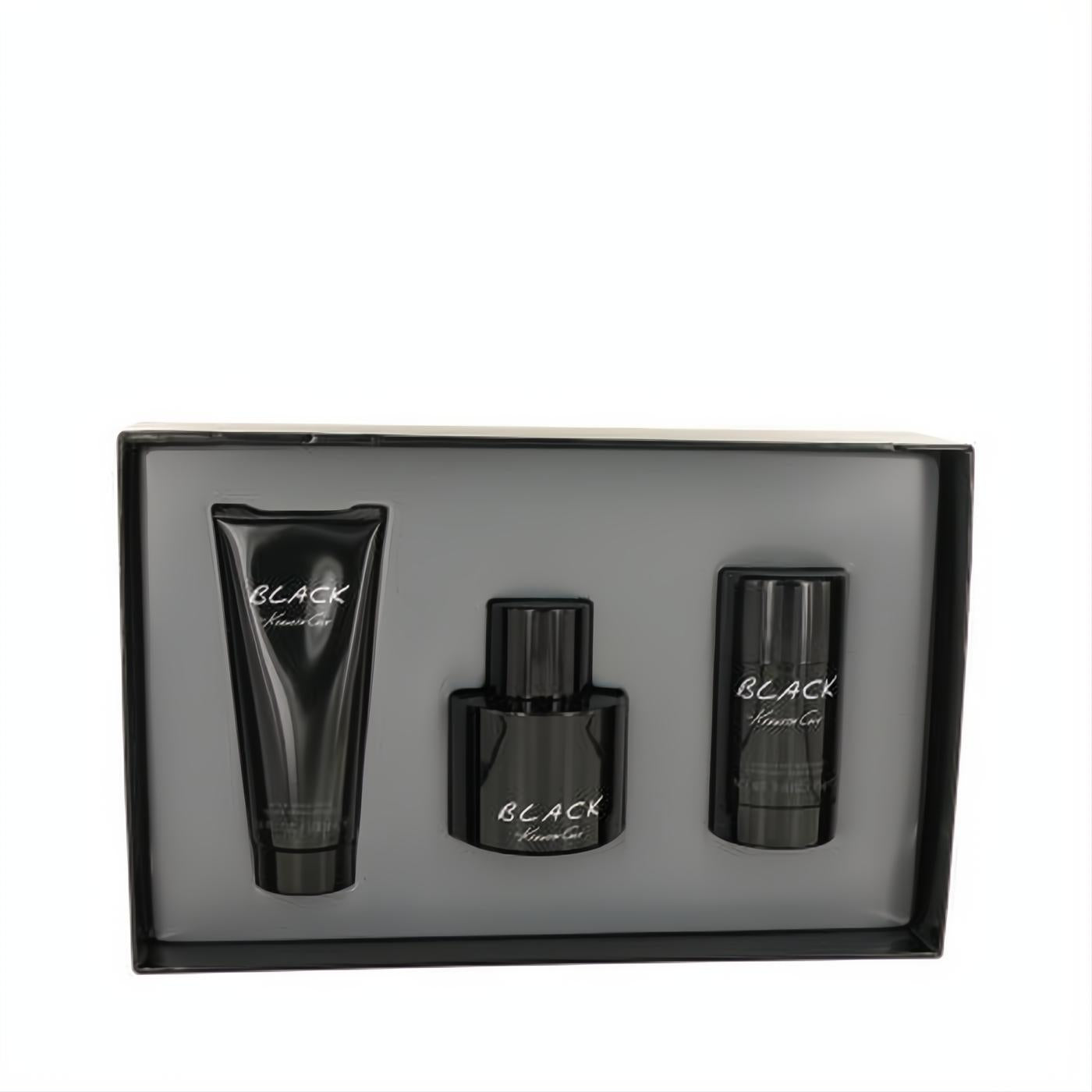 Sophisticated Kenneth Cole Black men's fragrance gift set: black EDT spray, after shave balm, and deodorant stick in a sleek display box.