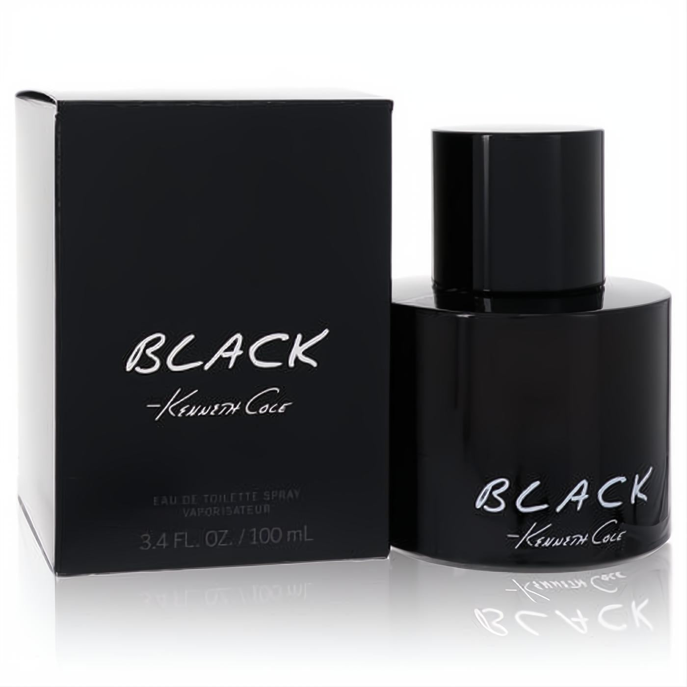 Sophisticated Kenneth Cole Black 3.4 oz Eau De Toilette spray. Sleek black bottle and box with iconic white branding.