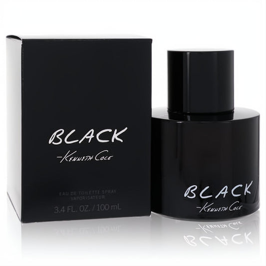 Sophisticated Kenneth Cole Black 3.4 oz Eau De Toilette spray. Sleek black bottle and box with iconic white branding.