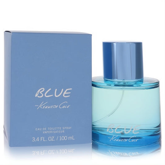 Kenneth Cole Blue 3.4 oz EDT spray bottle, featuring clear glass with refreshing light blue liquid and a sleek metallic cap, next to its matching box.