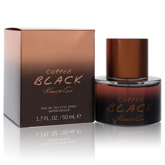 Kenneth Cole Copper Black 1.7 oz EDT spray for men. Features a sleek dark amber bottle with a metallic copper cap and matching gradient box.