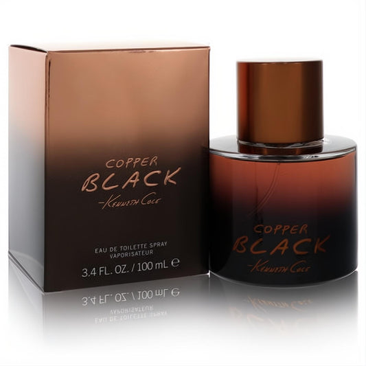 Kenneth Cole Copper Black 3.4 oz EDT spray: a captivating dark amber bottle with a metallic copper cap, beside its matching sleek box.