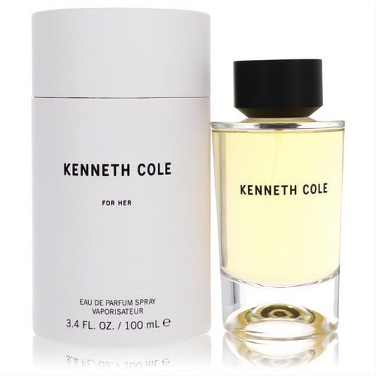 Elegant Kenneth Cole For Her 3.4 oz EDP spray. Clear glass bottle with golden liquid, black cap, and white box.