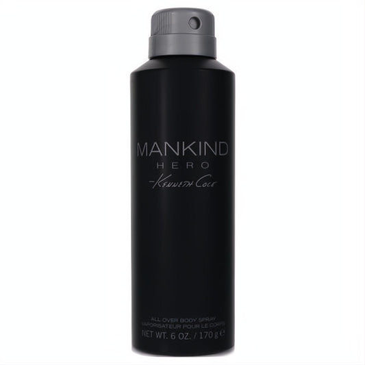 Kenneth Cole Mankind Hero 6 oz men's body spray. Sleek black can with a gray spray cap, delivering a fresh, sensual fragrance.